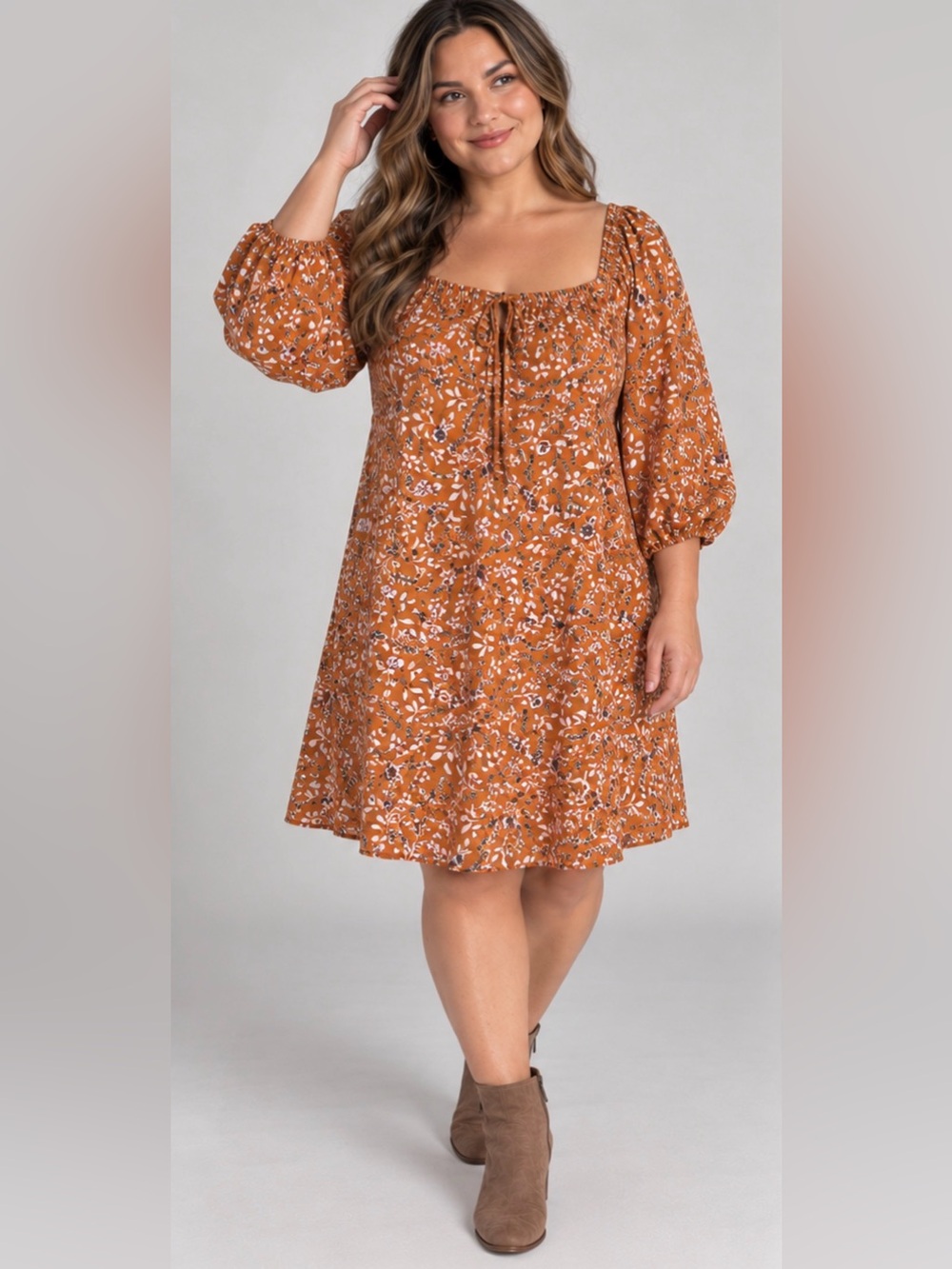 AUW Rust Floral Square-Neck Midi Dress with Puff Sleeves 2X